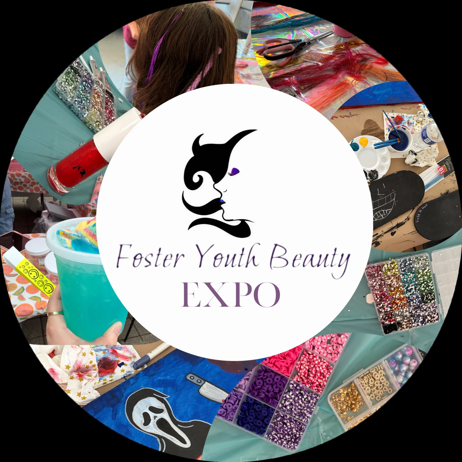Foster Youth Beauty Expo logo with stylized face icon surrounded by beauty and craft supplies collage