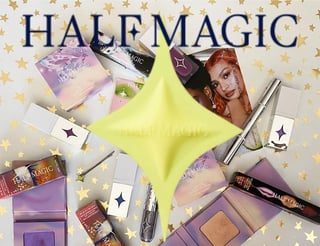 HALEMAGIC beauty products and makeup arranged around a glowing yellow star with gold star background